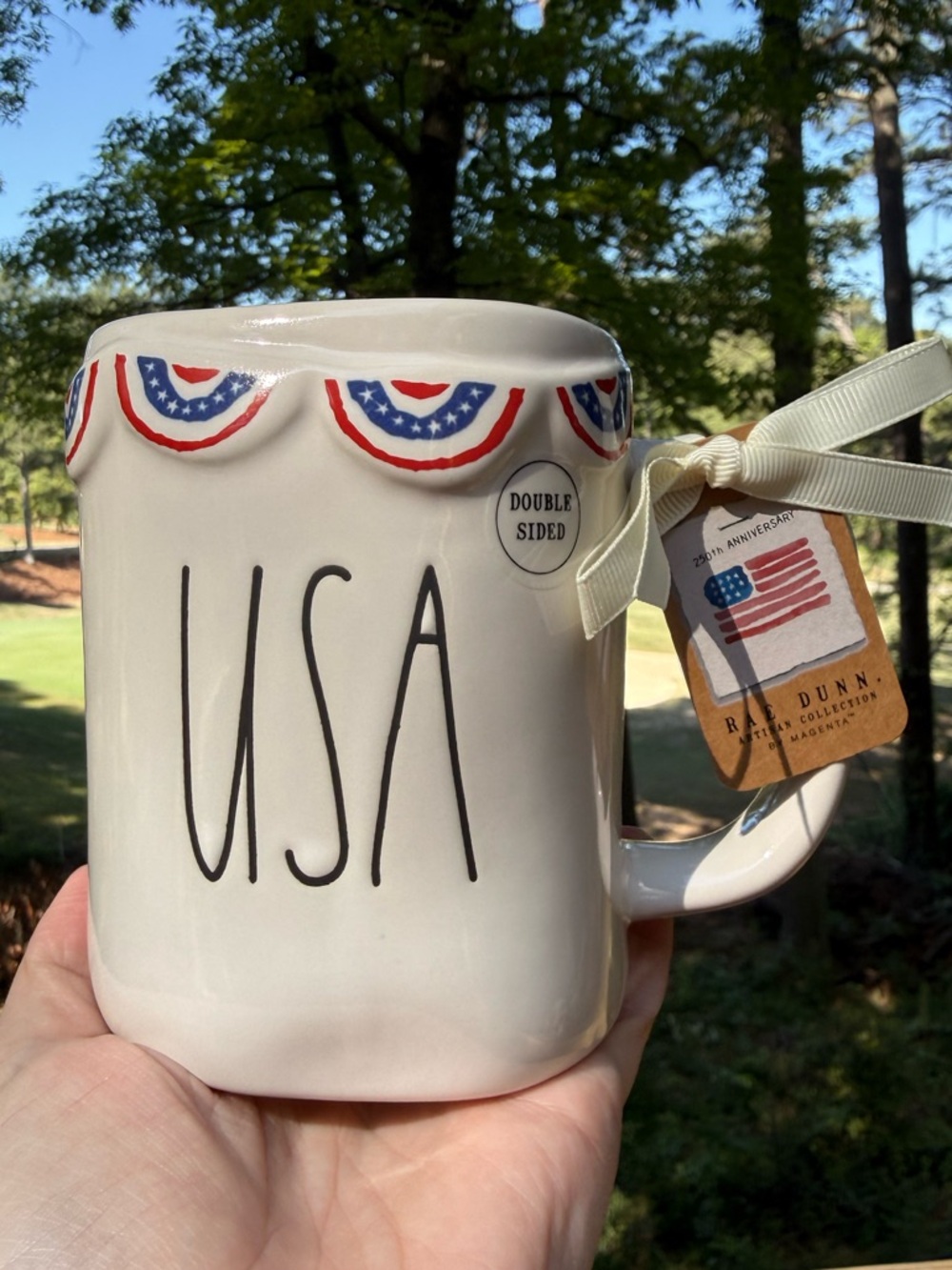 Rae Dunn Cream USA Ceramic Mug with Red & Blue Bunting 4th of July New Release!